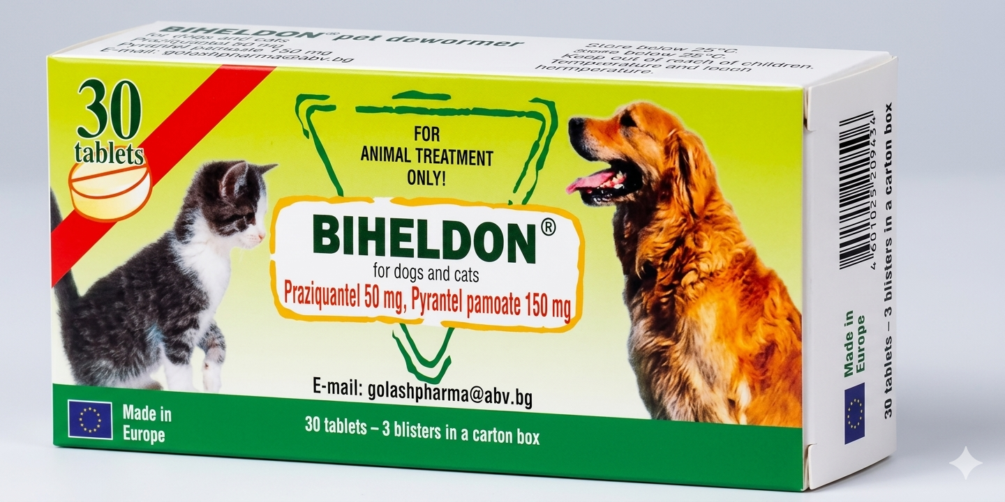 Biheldon pet dewormer — 30-tablet box, praziquantel 50 mg and pyrantel embonate 150 mg per tablet, for dogs and cats, made in Europe