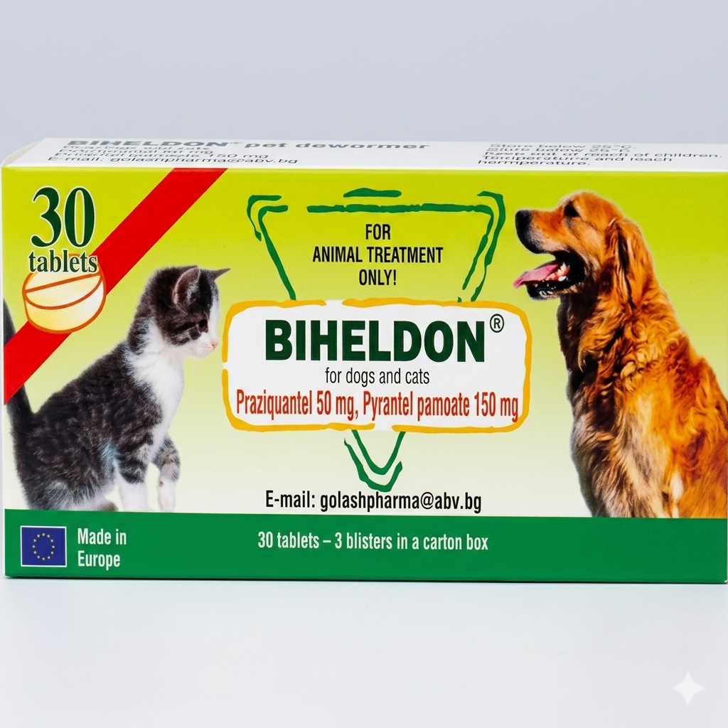 Biheldon pet dewormer box, front label — for dogs and cats, praziquantel 50 mg and pyrantel embonate 150 mg per tablet, 30 tablets in 3 blisters, made in Europe
