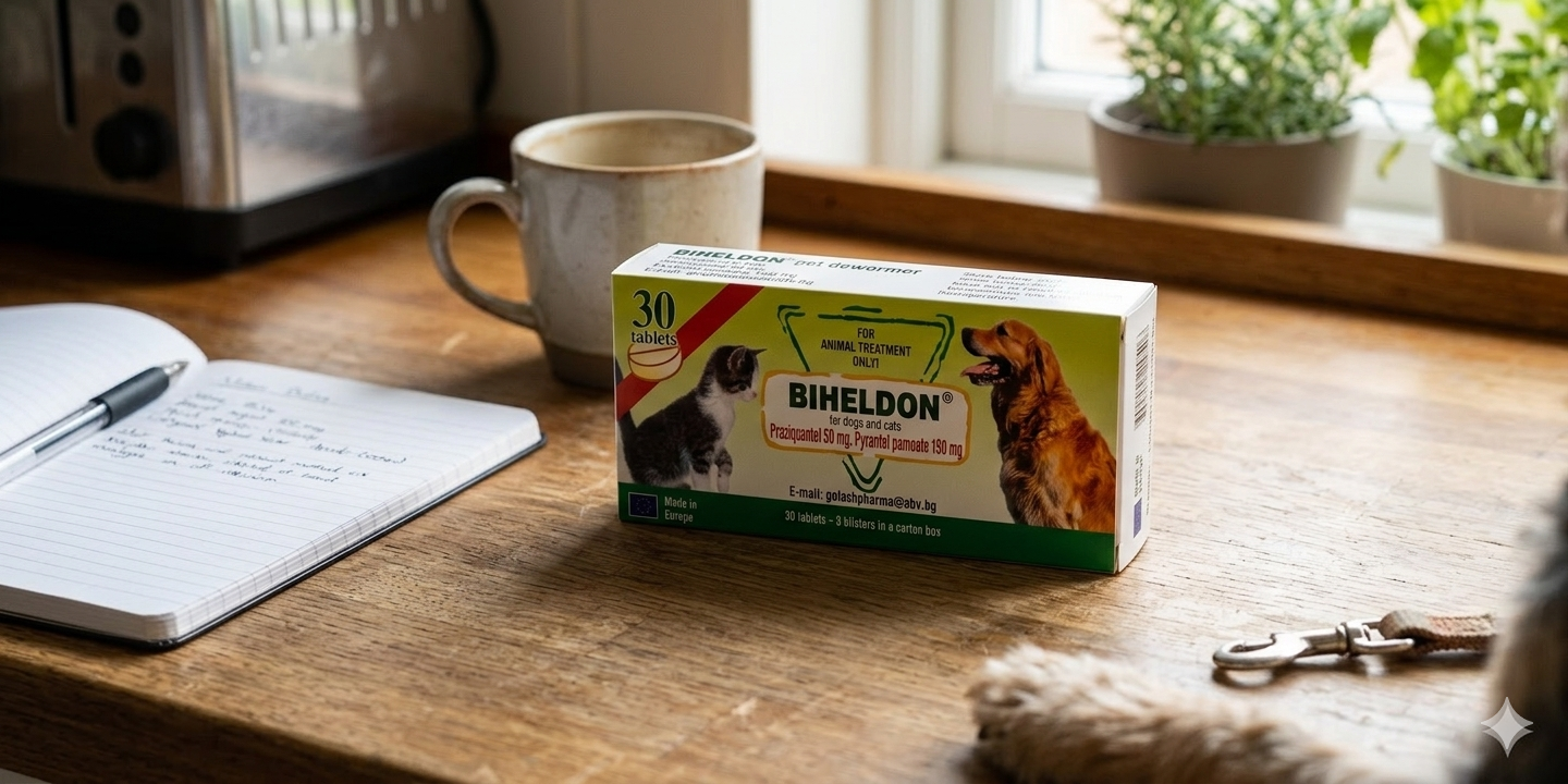 Biheldon pet dewormer box on a UK wooden kitchen worktop alongside an open notebook, ceramic mug, dog leash and herb plants in soft natural daylight